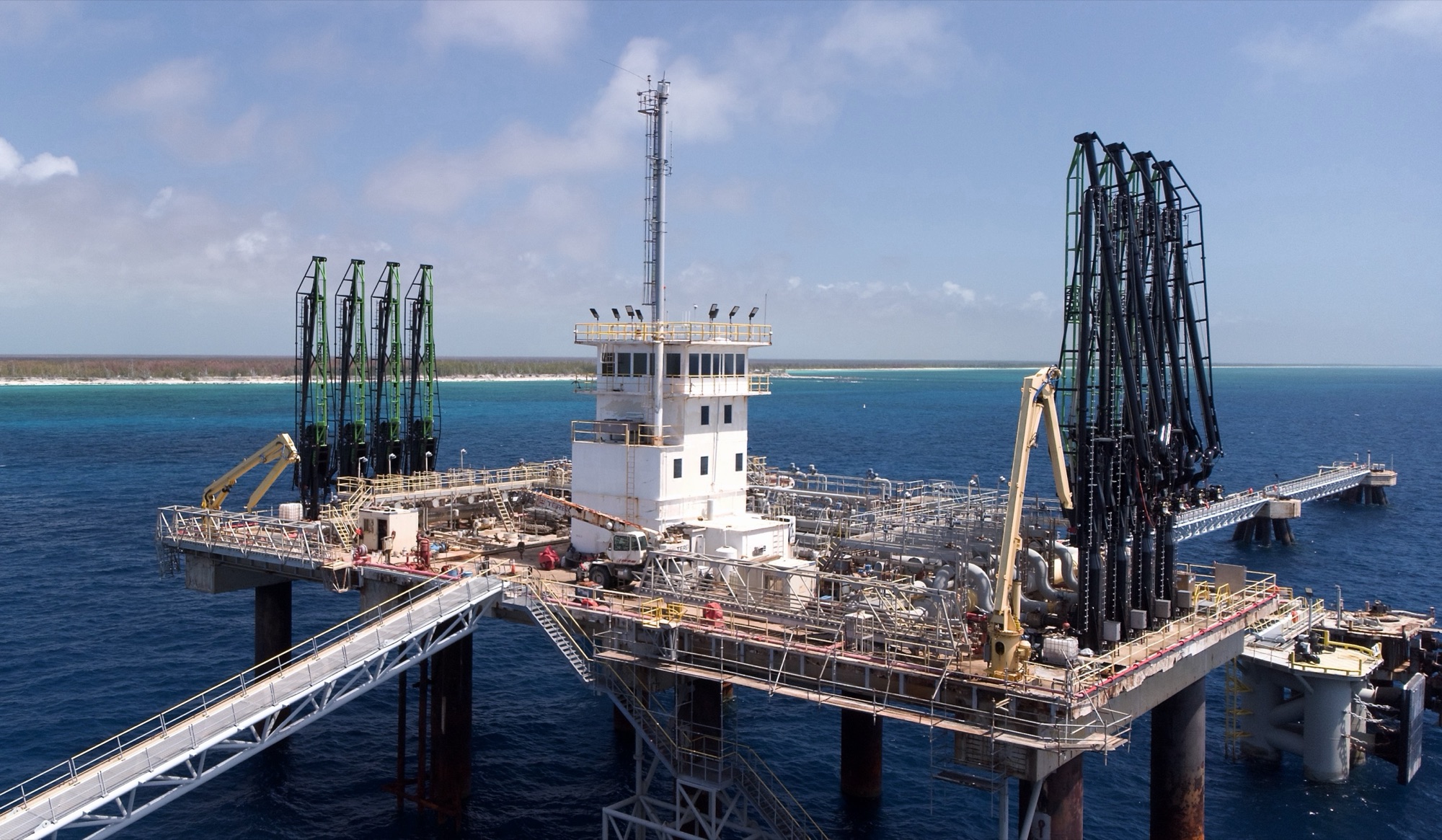 The Liwathon B.O.S. Sea Island, with its loading arms and control tower, off the coast of Grand Bahama.