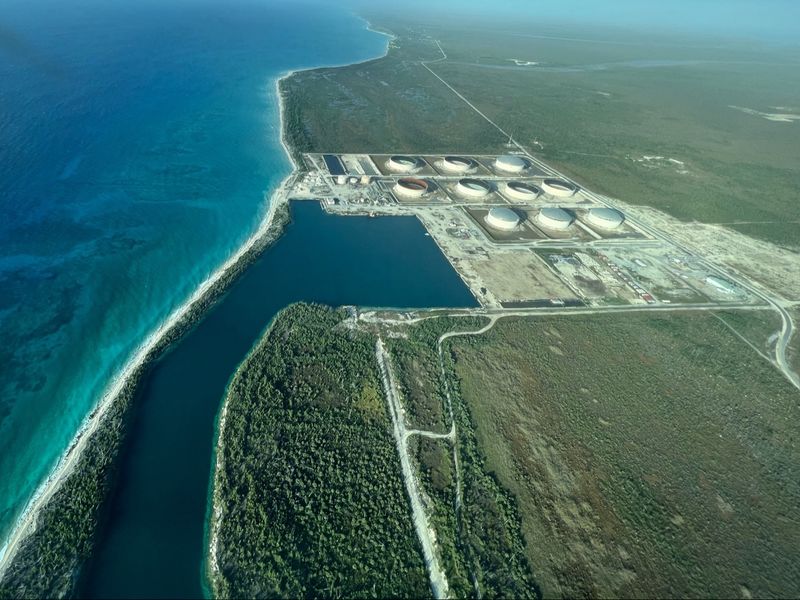The Liwathon B.O.S. tank farm, harbour channel and coastline of East Grand Bahama, seen from an aircraft.