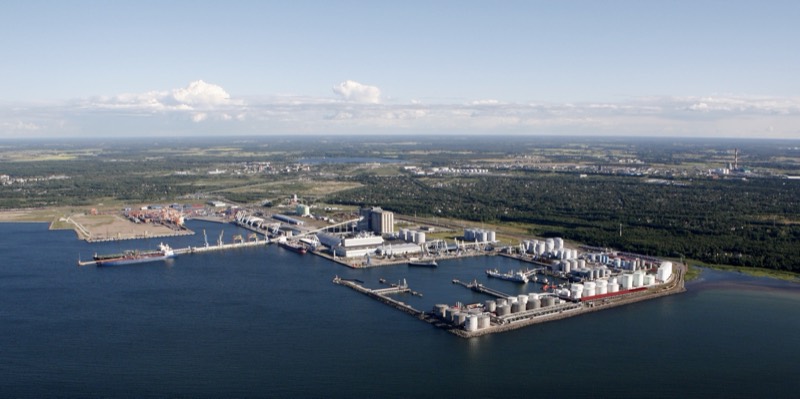 Muuga Harbour and the Liwathon E.O.S. terminals on the Gulf of Finland, seen from the air.