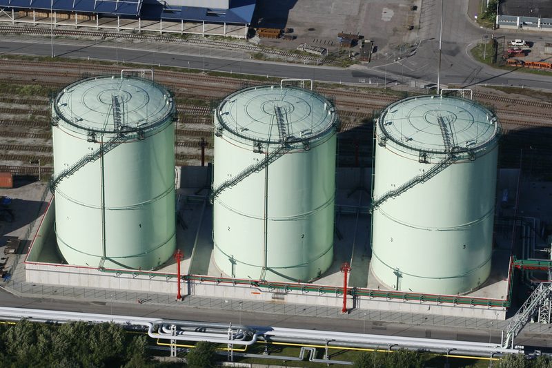The three storage tanks of Stivterminal at Muuga Harbour, seen from the air.