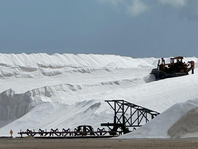 A bulldozer works on top of the white salt stockpiles at the Lusca Salt works on Great Inagua, with a stacker conveyor in front.