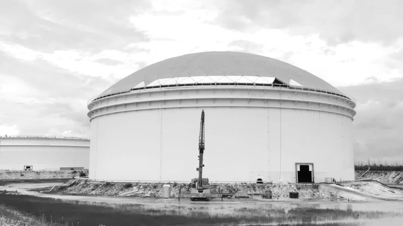 A large domed storage tank under refurbishment at the South Riding Point terminal, Grand Bahama, with a mobile crane at its base and some dome panels open.